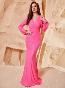 Faeriesty Đầm dạ hội dài tay bồng dáng đuôi cá lấp lánh đính sequin sang trọng dành cho nữ, đầm dự tiệc cưới, lễ tốt nghiệp, tiệc tối, trang phục mùa hè. - Màu Hồng Tươi - Xem 3