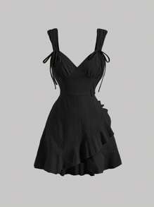 SHEIN MOD Solid Ruffle Trim Tie Detail Cami Dress - Black - View 1