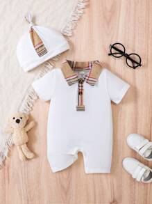 SHEIN Vintaside Kids 男嬰格紋印花Polo領連身短褲和帽