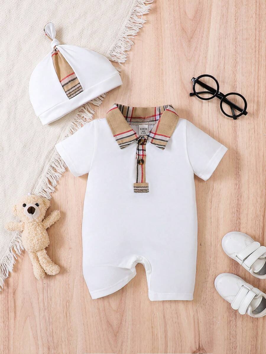 SHEIN Vintaside Kids 男嬰格紋印花Polo領連身短褲和帽