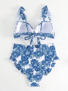 Bañador bikini push up con estampado floral ribete con fruncido - Azul y blanco - Ver 4