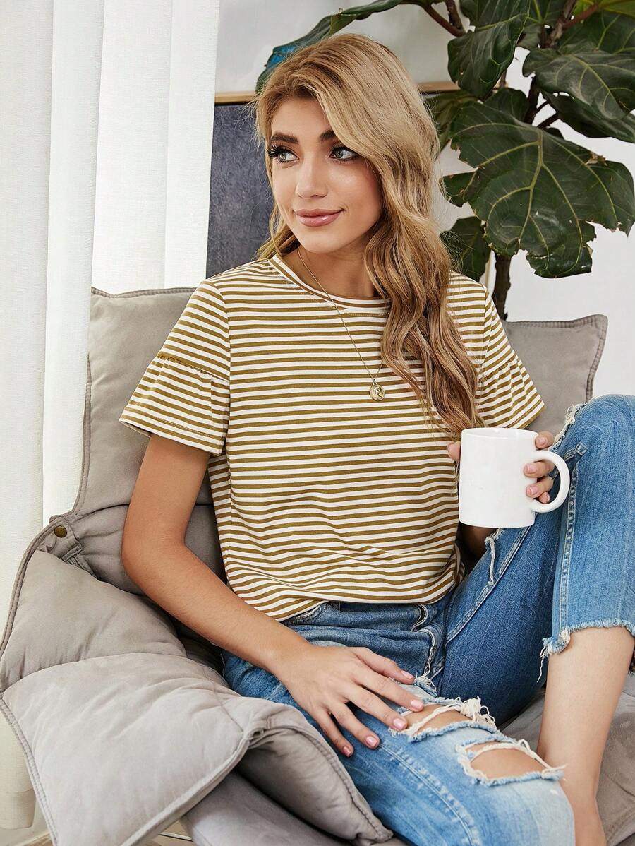 條紋荷葉邊袖T恤 - 彩色 - 查看 1