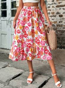 SHEIN VCAY Falda con estampado floral bajo con fruncido - Blanco - Ver 4