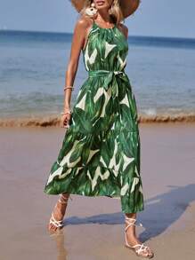 SHEIN LUNE 熱帶圖案多層下擺腰帶吊帶連衣裙 - 綠色 - 查看 4