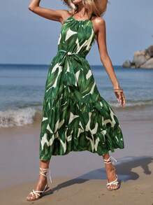 SHEIN LUNE 熱帶圖案多層下擺腰帶吊帶連衣裙 - 綠色 - 查看 6