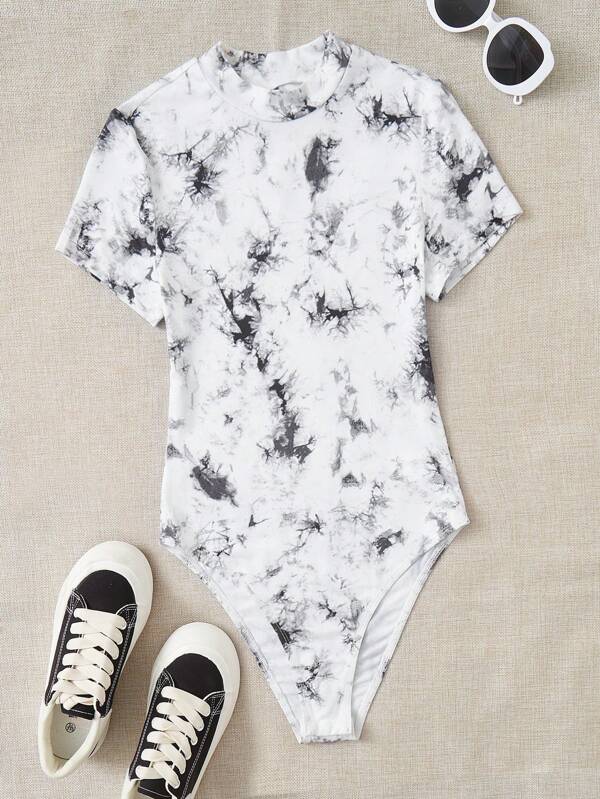 SHEIN EZwear Tie Dye Mock Neck Tee Bodysuit