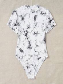 SHEIN EZwear Tie Dye Mock Neck Tee Bodysuit - White - View 5