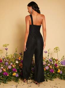 SHEIN Belle One Shoulder Wide Leg Jumpsuit - Black - View 2