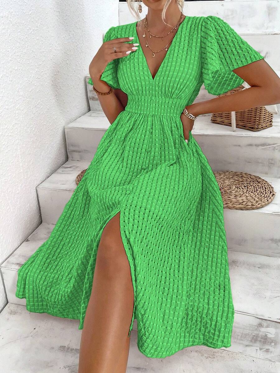 Breezaya Vestido línea A unicolor de muslo con abertura - Verde - Ver 1
