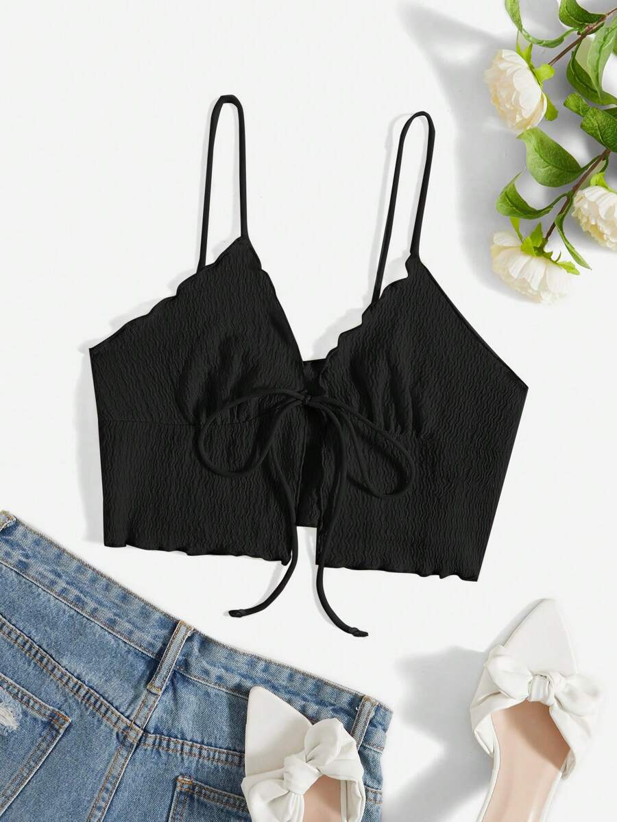 SHEIN Essnce 紋理質感木耳邊前繫帶吊帶上衣 - 黑色 - 查看 1