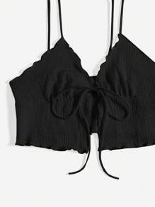 SHEIN Essnce 紋理質感木耳邊前繫帶吊帶上衣 - 黑色 - 查看 4