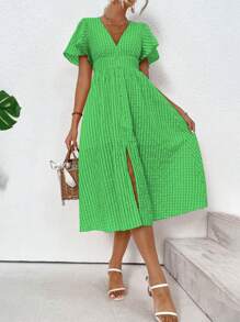 Breezaya Vestido línea A unicolor de muslo con abertura - Verde - Ver 3