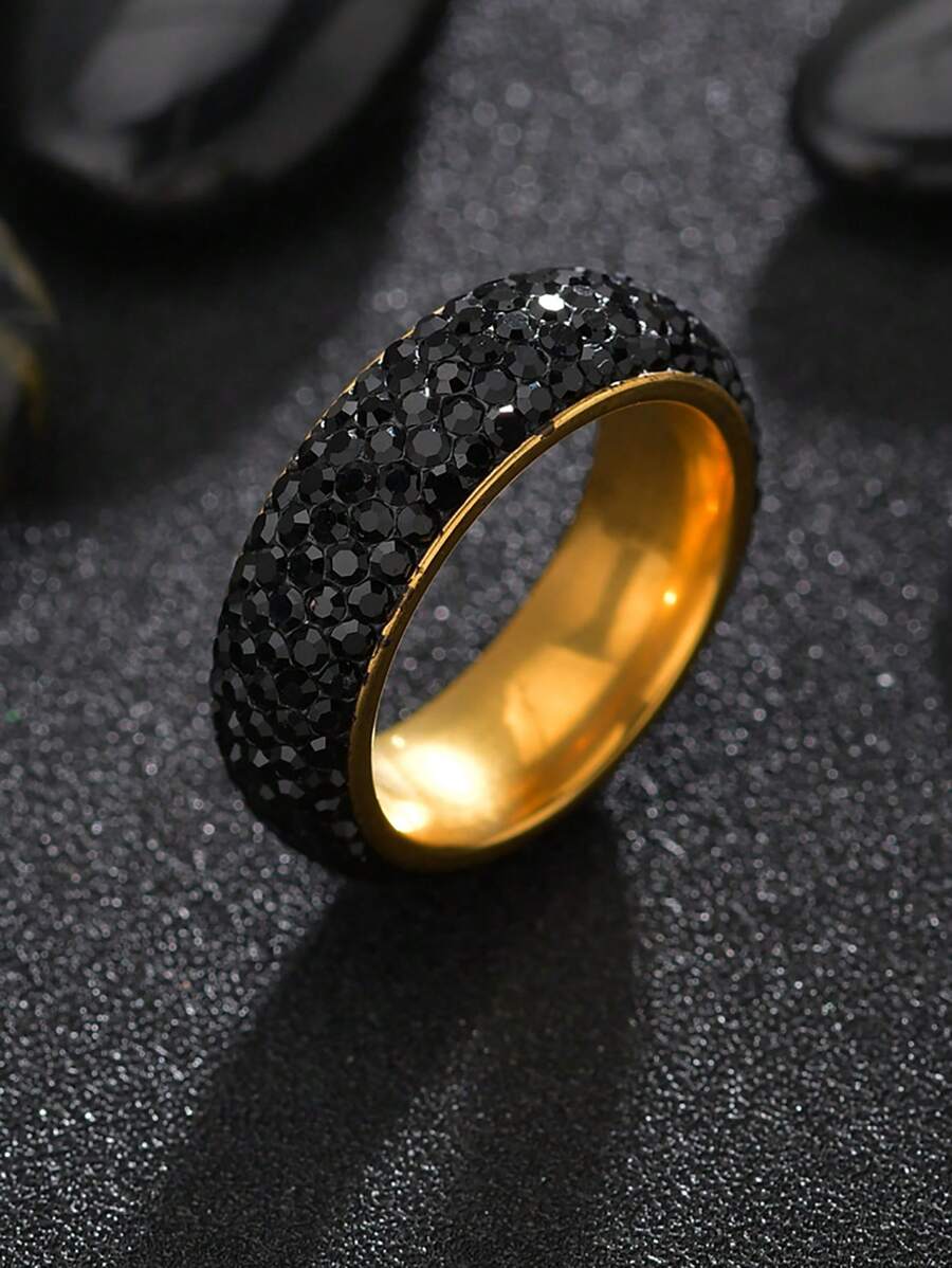 1pc Glamorous Stainless Steel Rhinestone Decor Ring For Men For Daily Decoration - Black - View 1