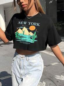 SHEIN EZwear Slogan & Cartoon Graphic Drop Shoulder Crop Tee - Black - View 3
