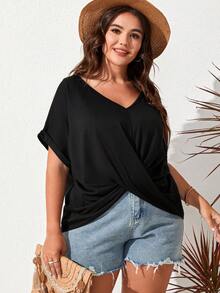 SHEIN LUNE 大碼前交叉蝙蝠袖T恤 - 黑色 - 查看 5