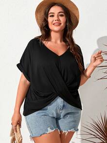 SHEIN LUNE 大碼前交叉蝙蝠袖T恤 - 黑色 - 查看 6