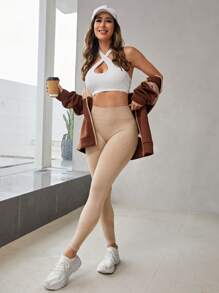 SHEIN Yoga Basic Quần Leggings Thể thao Nữ màu trơn - Màu Khaki - Xem 6