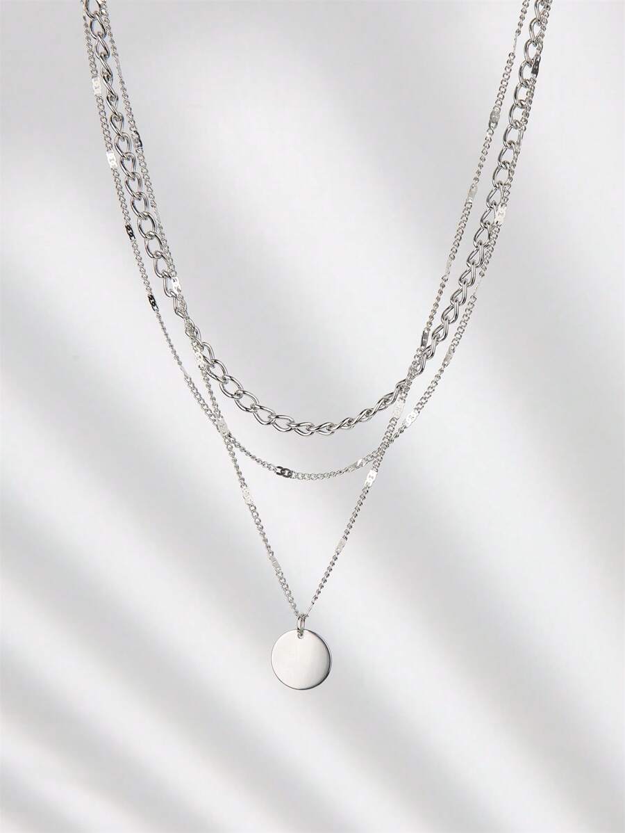 1 Vòng cổ đĩa kim loại nhiều lớp màu bạc - Bạc - Xem 1