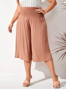 SHEIN LUNE 大碼素色闊腿七分褲 - 藕粉色 - 查看 5