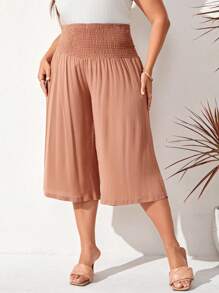 SHEIN LUNE 大碼素色闊腿七分褲 - 藕粉色 - 查看 1