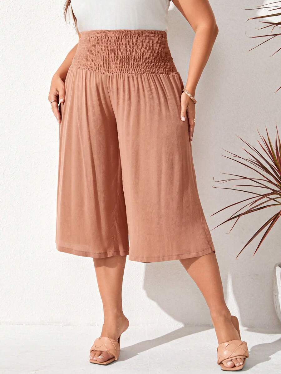 SHEIN LUNE 大碼素色闊腿七分褲 - 藕粉色 - 查看 1