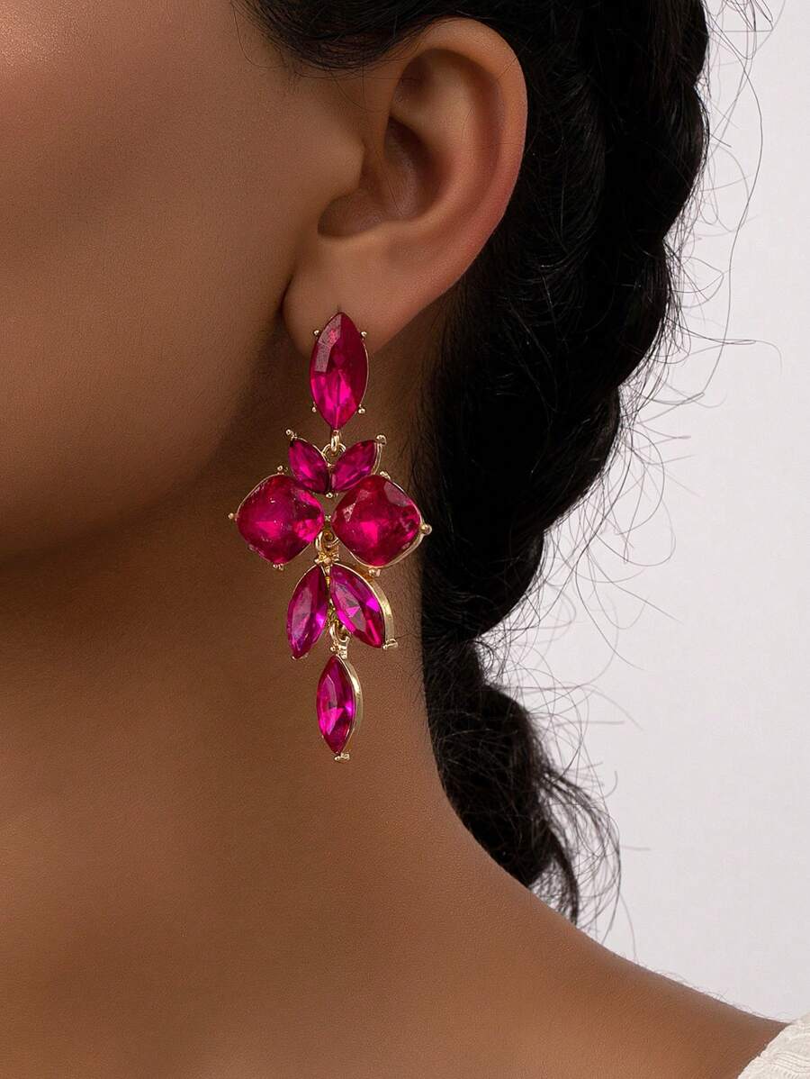 水鑽裝飾耳墜 - 玫紅色 - 查看 1