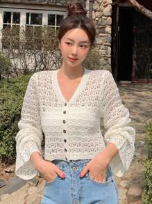 DAZY Nữ Cardigans Nút phía trước màu trơn Giải trí - trắng - Xem 7