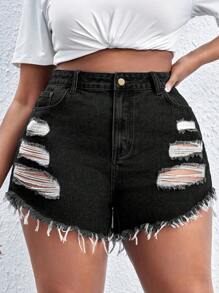 SHEIN SXY Quần short denim oversized Nút Túi Hem thô Bị tách Dây kéo màu trơn - màu đen - Xem 2