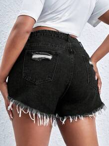 SHEIN SXY Quần short denim oversized Nút Túi Hem thô Bị tách Dây kéo màu trơn - màu đen - Xem 3