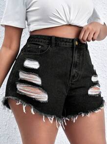 SHEIN SXY Quần short denim oversized Nút Túi Hem thô Bị tách Dây kéo màu trơn - màu đen - Xem 1