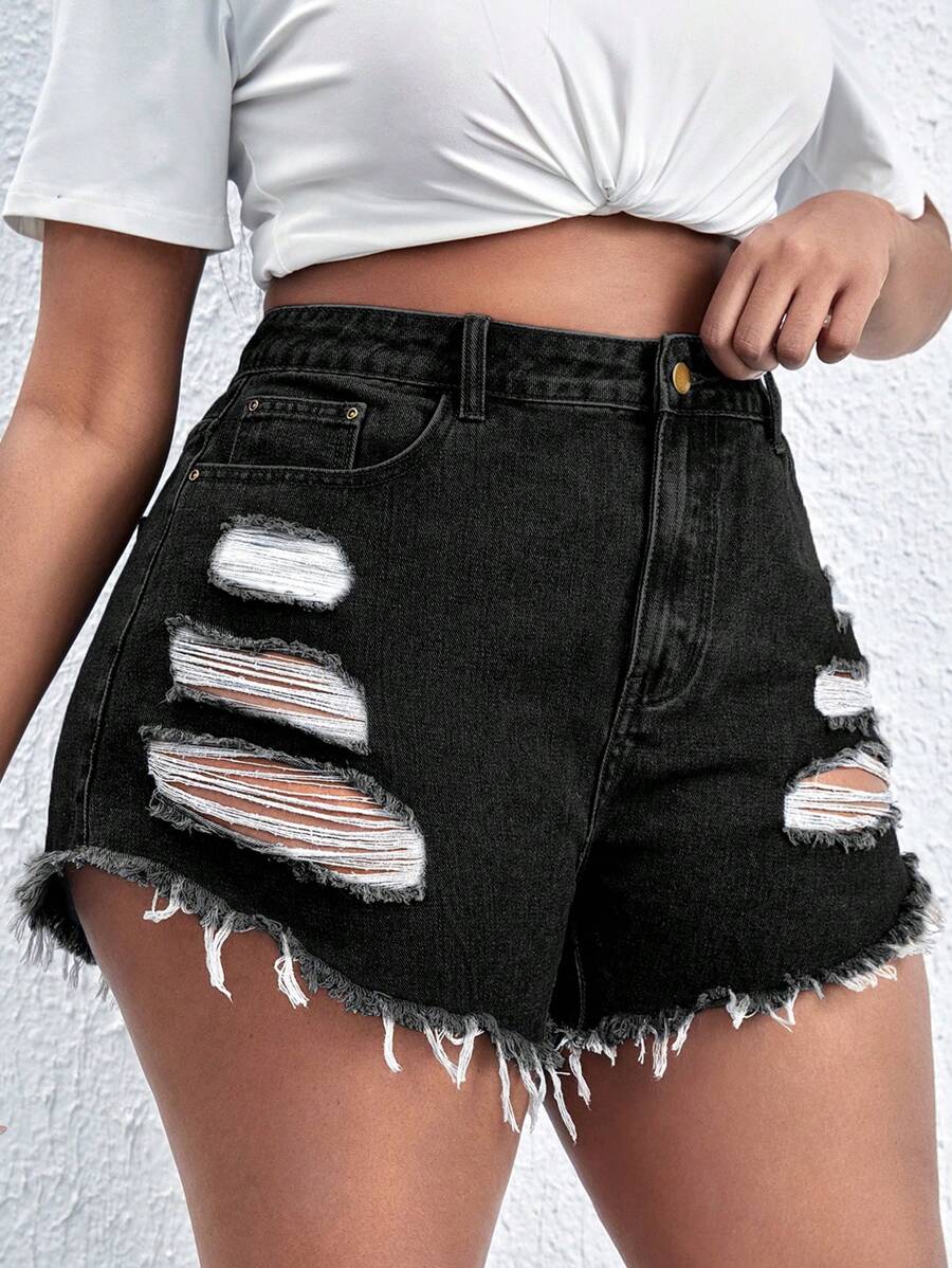 SHEIN SXY Quần short denim oversized Nút Túi Hem thô Bị tách Dây kéo màu trơn - màu đen - Xem 1