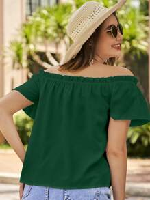 SHEIN VCAY Off Shoulder Frill Trim Blouse - Dark Green - View 2