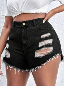 SHEIN SXY Quần short denim oversized Nút Túi Hem thô Bị tách Dây kéo màu trơn - màu đen - Xem 5
