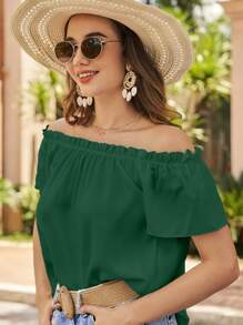 SHEIN VCAY Off Shoulder Frill Trim Blouse - Dark Green - View 3
