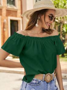 SHEIN VCAY Off Shoulder Frill Trim Blouse - Dark Green - View 4
