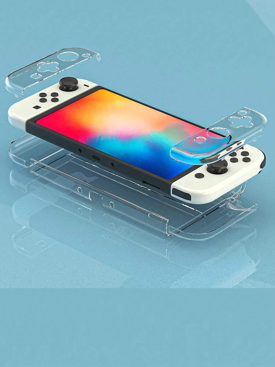 2pcs Game Controller Shells + 1pc Console Shell Set For Nintendo Switch OLED, Shockproof, Explosion-Proof, Scratch-Resistant, Sweat-Proof, Comprehensive Protection For Device Safety - Clear - View 1