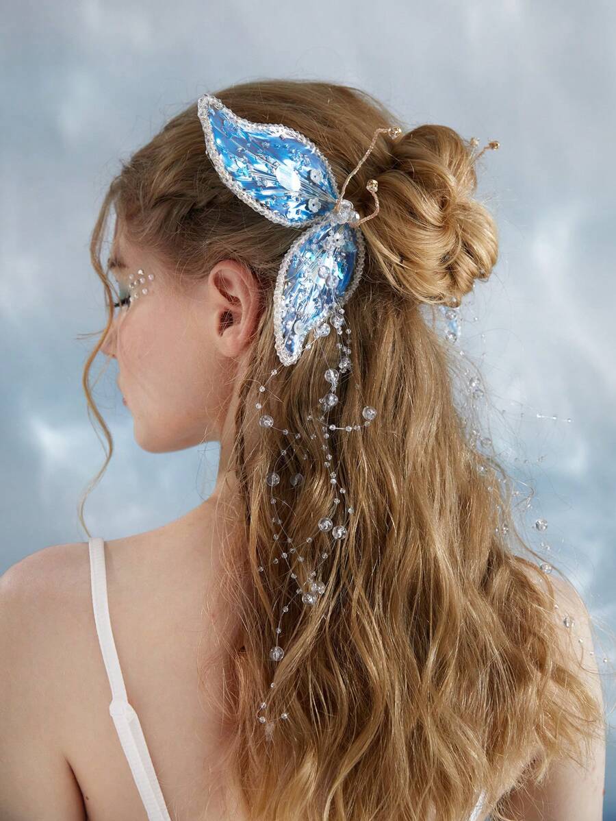 ROMWE Fairycore 美人魚2入組女士蝴蝶裝飾串珠時尚鴨嘴夾帶鏈子適用於頭髮裝飾用品 - 彩色 - 查看 1