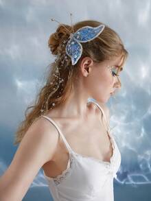 ROMWE Fairycore 美人魚2入組女士蝴蝶裝飾串珠時尚鴨嘴夾帶鏈子適用於頭髮裝飾用品 - 彩色 - 查看 3