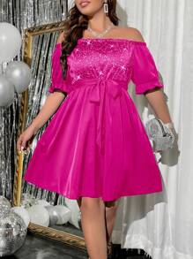 SHEIN Allurite Đầm Plus Size Thắt lưng viền lá sen màu trơn Buổi tiệc - Màu Hồng Tươi - Xem 1