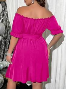 SHEIN Allurite Đầm Plus Size Thắt lưng viền lá sen màu trơn Buổi tiệc - Màu Hồng Tươi - Xem 2