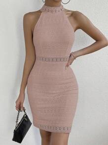 SHEIN Privé Đầm Tương phản ren Cắt ra màu trơn Thanh lịch - Bụi hồng - Xem 1