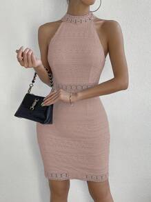 SHEIN Privé Đầm Tương phản ren Cắt ra màu trơn Thanh lịch - Bụi hồng - Xem 5