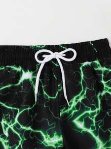 Young Boy Lightning Print Drawstring Waist Swim Shorts - Black - View 3