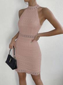 SHEIN Privé Đầm Tương phản ren Cắt ra màu trơn Thanh lịch - Bụi hồng - Xem 6