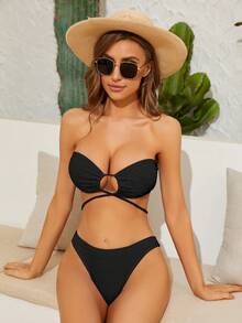 Plain Bandeau Bikini Set For Summer Beach Set