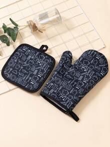 1 set poliéster batería de cocina Guantes para horno & moderno poliéster resistente al calor Guante & Agarradera de ollas para hornear en la cocina - Blanco y Negro - Ver 2