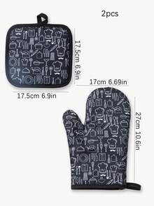 1 set poliéster batería de cocina Guantes para horno & moderno poliéster resistente al calor Guante & Agarradera de ollas para hornear en la cocina - Blanco y Negro - Ver 3
