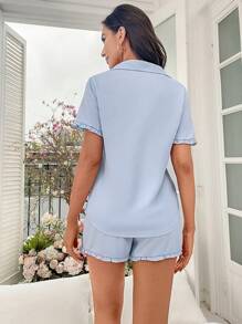 Floral Print Lettuce Trim PJ Set - Baby Blue - View 2