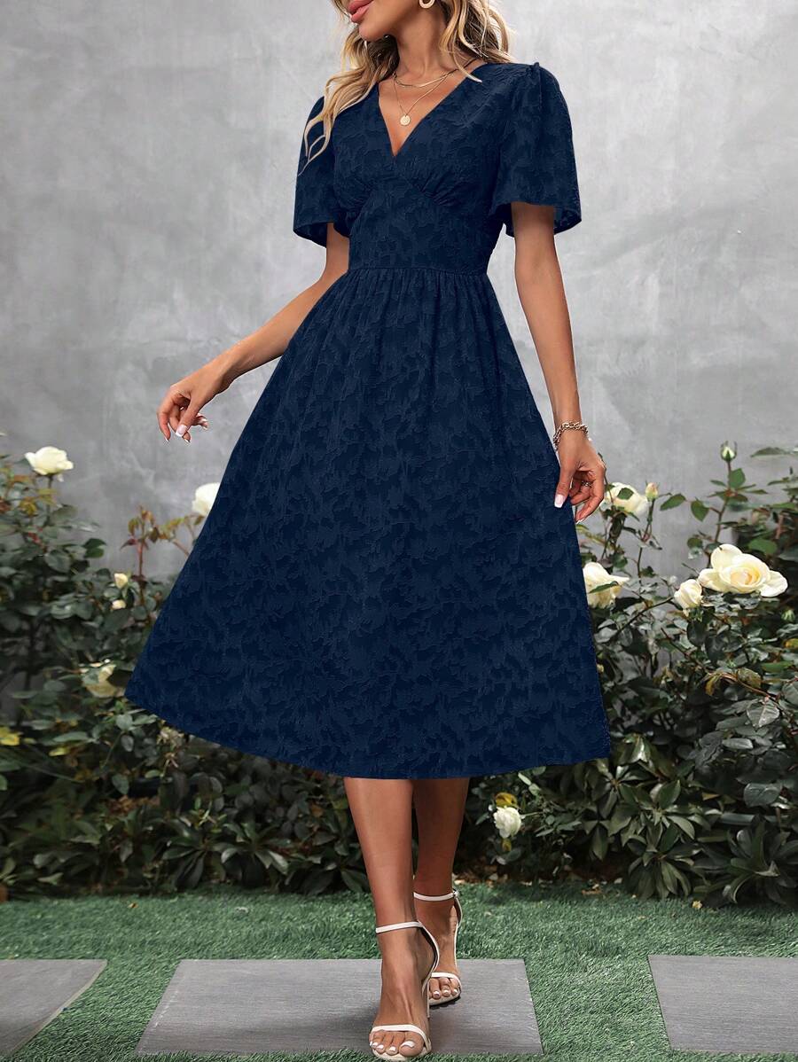 SHEIN Clasi Solid V Neck A-line Dress - Navy Blue - View 1