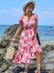 SHEIN LUNE Vestido con estampado floral bajo con fruncido - Blanco - Ver 1